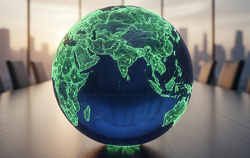Glowing green wireframe globe representing global sustainability and environmental interconnection