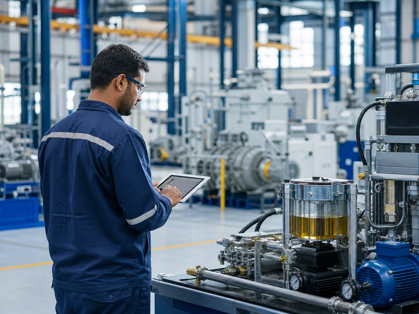 Maintenance engineer using Lube Specialist beside lubrication equipment
