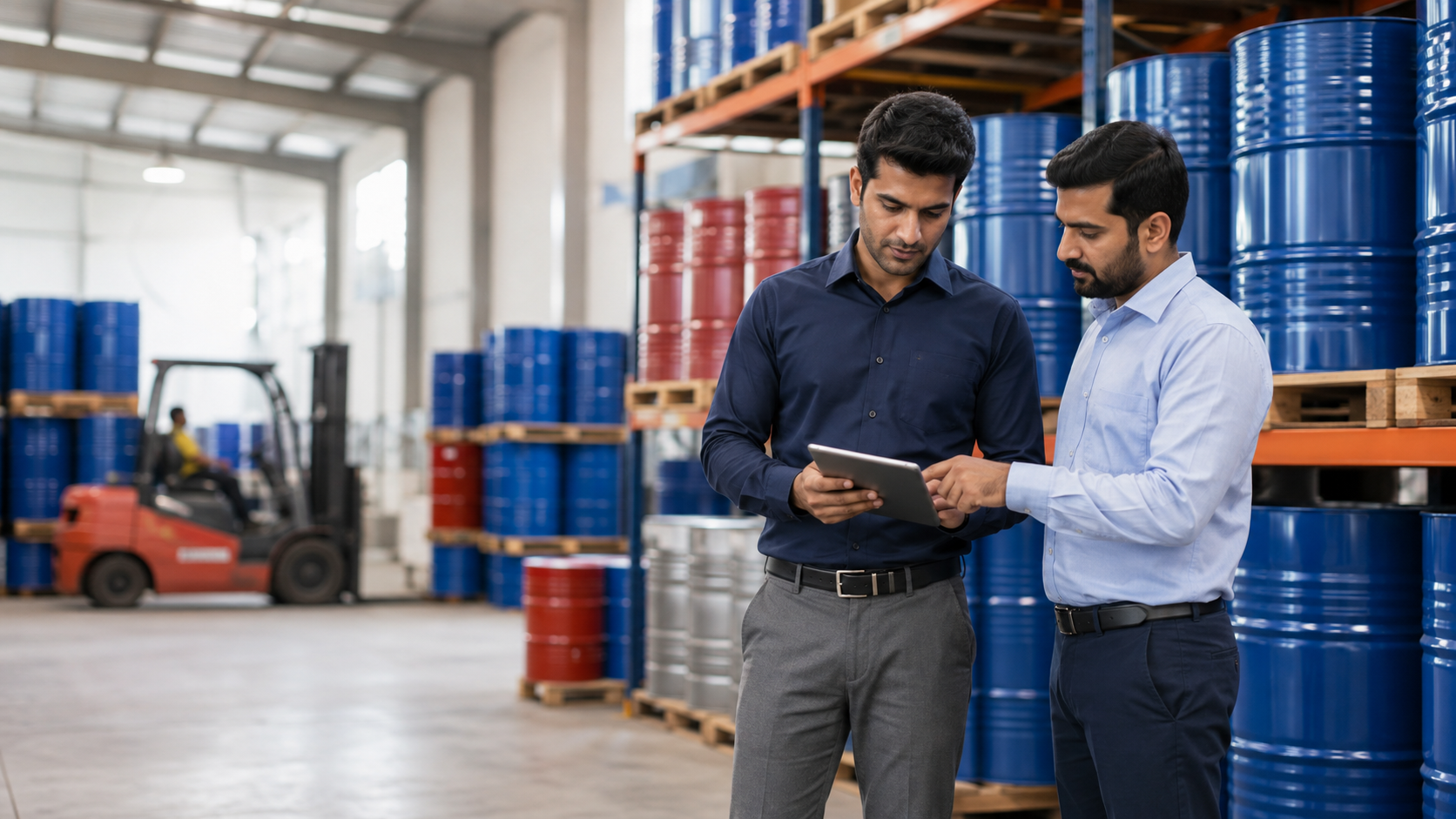 Lubricant distribution professionals reviewing inventory in a warehouse