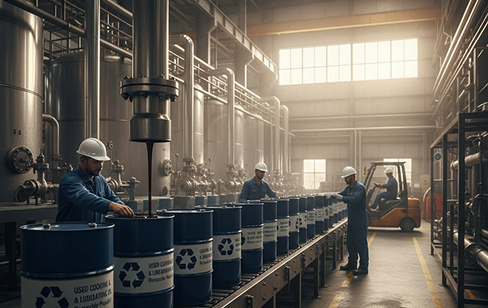 Industrial facility showing workers managing sustainable energy operations